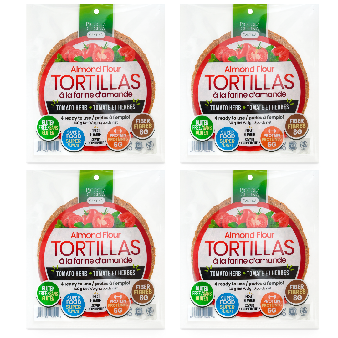Piccola Cucina Tomato Herb Almond Flour Tortilla Wraps packages
