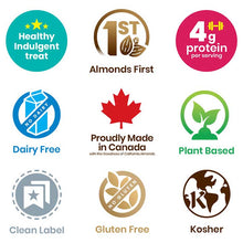 Load image into Gallery viewer, Icons showing benefits of italian almond macaroon amaretti cookies dairy free, gluten free, almonds first, high protein, plant based, kosher, clean label, made in canada