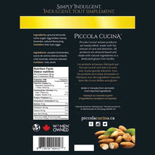 Load image into Gallery viewer, Back of retail bag of Limonetti lemon lavender amaretti italian macaroon almond cookies showing nutritional information, ingredients, social media icons, kosher, women owned, made in canada with piccola cucina website link
