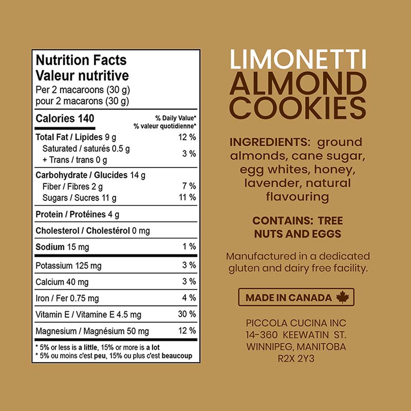 Nutrition facts for Piccola Cucina Grab & Go 2-Pack Limonetti Lemon Lavender Almond Macaroon Cookies