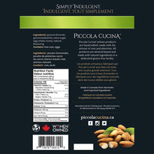 Load image into Gallery viewer, Back of retail bag of Pistachoiretti pistachio amaretti italian macaroon almond cookies showing nutritional information, ingredients, social media icons, kosher, women owned, made in canada with piccola cucina website link
