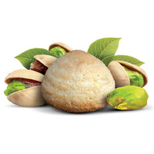 Load image into Gallery viewer, Flavour image of pistachioretti almond macaroon cookie with pistachios in and out of shells behind cookie on white background
