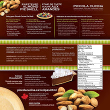 Load image into Gallery viewer, Retail back of brown box of two sweetened almond pie shell crusts showing nutritional information, tips, baking instructions, links to our website for recipes