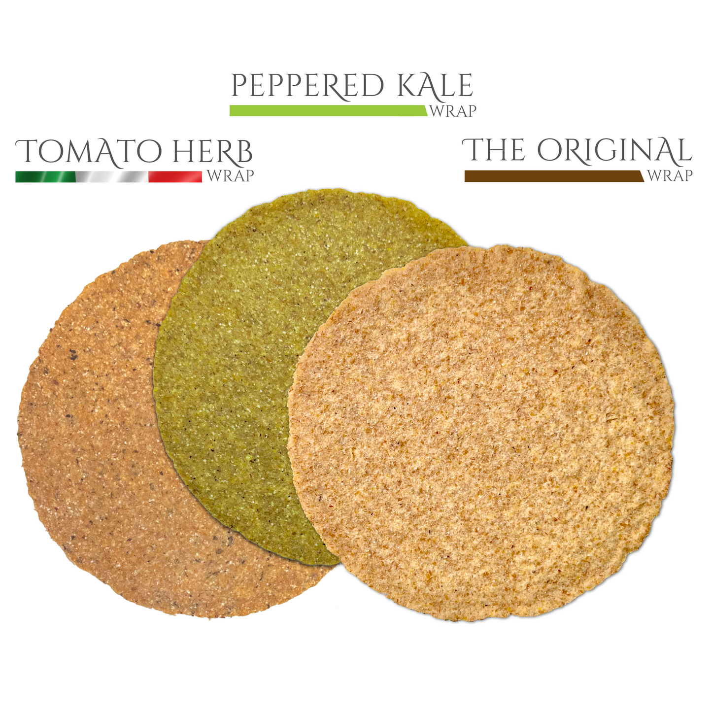 Piccola Cucina Wrap Trio Variety Pack with Original, Tomato Herb, and Peppered Kale Almond Flour Tortilla Wraps