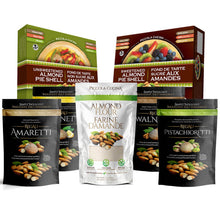 Load image into Gallery viewer, Piccola Cucina sampler pack containing one of each item we carry including a bag of each almond italian macaroon amaretti cookies walnutti, pistachioretti, amaretti, limonetti, finely milled almond flour, unsweetened pie shell box and sweetened pie shell box on white background