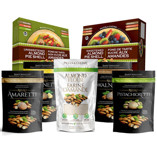Piccola Cucina sampler pack containing one of each item we carry including a bag of each almond italian macaroon amaretti cookies walnutti, pistachioretti, amaretti, limonetti, finely milled almond flour, unsweetened pie shell box and sweetened pie shell box on white background