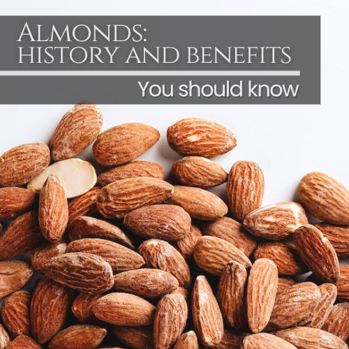 It is a square image of almonds. In the lower right corner there is a banner with the phrase "almonds" and just below "history and benefits"