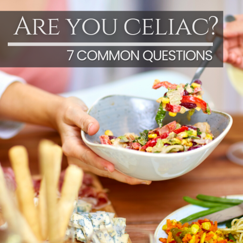 A square image with the phrase 'Are you celiac?' in the top left corner, a banner with '7 common questions' at the bottom, and a person holding a bowl of vegetables in the background
