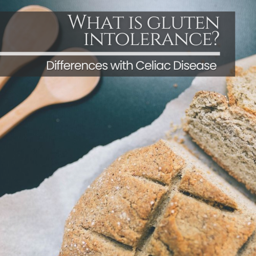 It is a square image. In the background are two loaves of bread.. In the upper left corner are two ladles. Above them is a banner that says: "What is gluten intolerance?: Differences with Celiac Disease"
