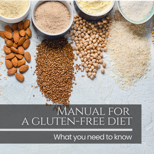 It is a square image. Various gluten-free foods are seen in the background. In the lower left edge there is a banner in which you can see the title "Manual for a gluten-free diet". Just below this sentence you can also read: "What you need to know"