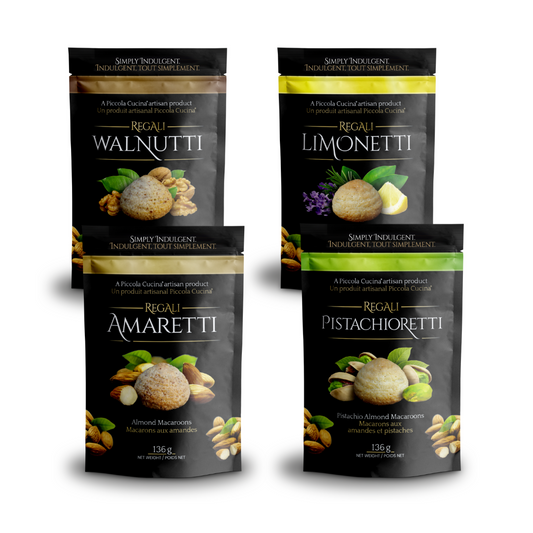 Piccola Cucina Assorted Gluten-Free Macaroon Gift Pack featuring four almond macaroon flavours