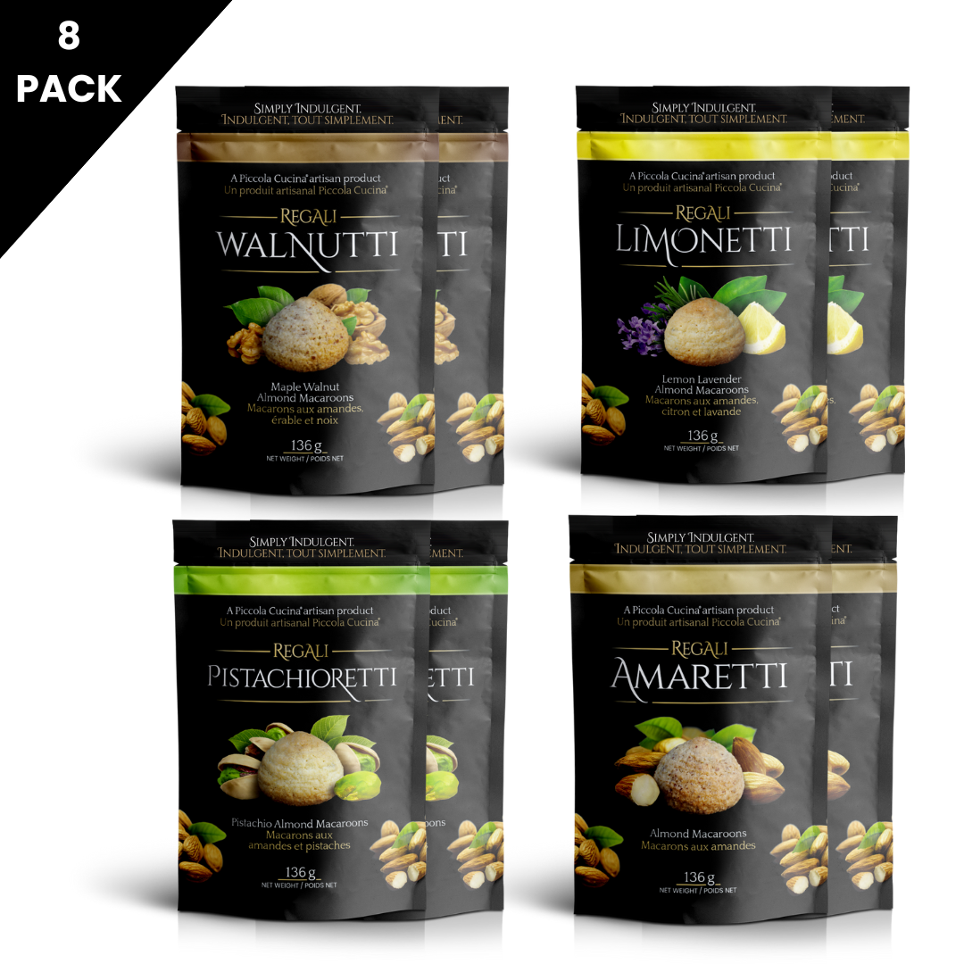Eight-pack of Piccola Cucina Assorted Gluten-Free Macaroon Gift Pack with all four flavou