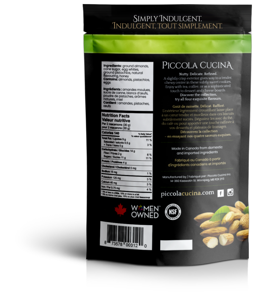 Nutrition facts for Piccola Cucina Pistachioretti Pistachio Almond Macaroon Cookies
