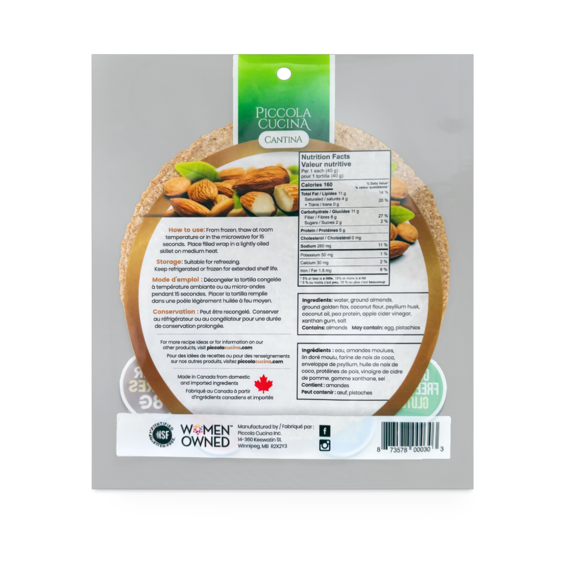 Back of Piccola Cucina Almond Flour Tortilla Wraps package with nutrition facts and preparation instructions