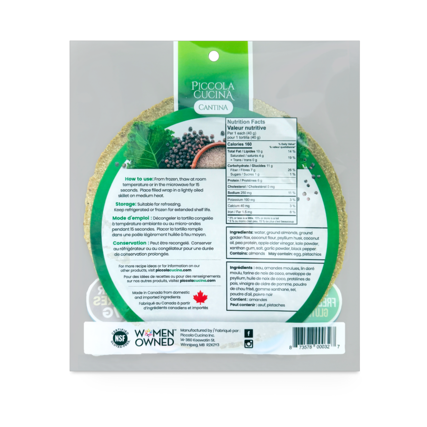 Back of Piccola Cucina Peppered Kale Almond Flour Tortilla Wraps package with nutrition facts and preparation instruction
