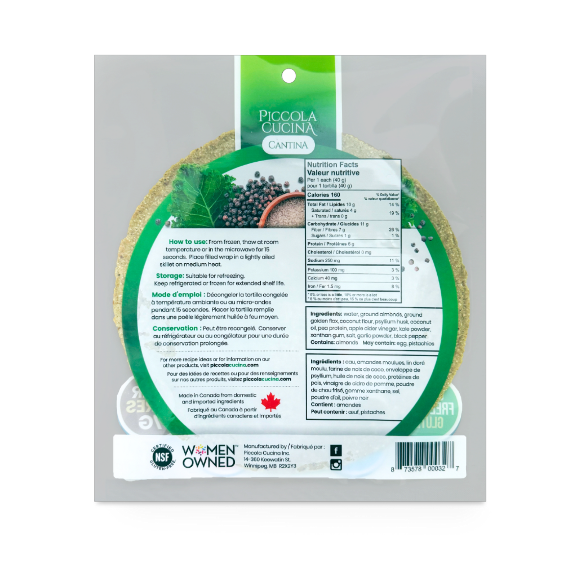 Back of Piccola Cucina Peppered Kale Almond Flour Tortilla Wraps package with nutrition facts and preparation instruction