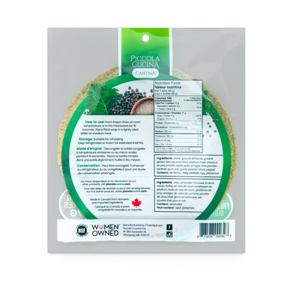 Back of Piccola Cucina Peppered Kale Almond Flour Tortilla Wraps package with nutrition facts and preparation instruction