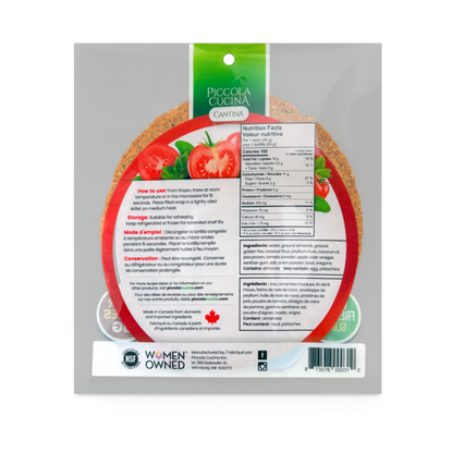 Back of Piccola Cucina Tomato Herb Almond Flour Tortilla Wraps package with nutrition facts and preparation instructions