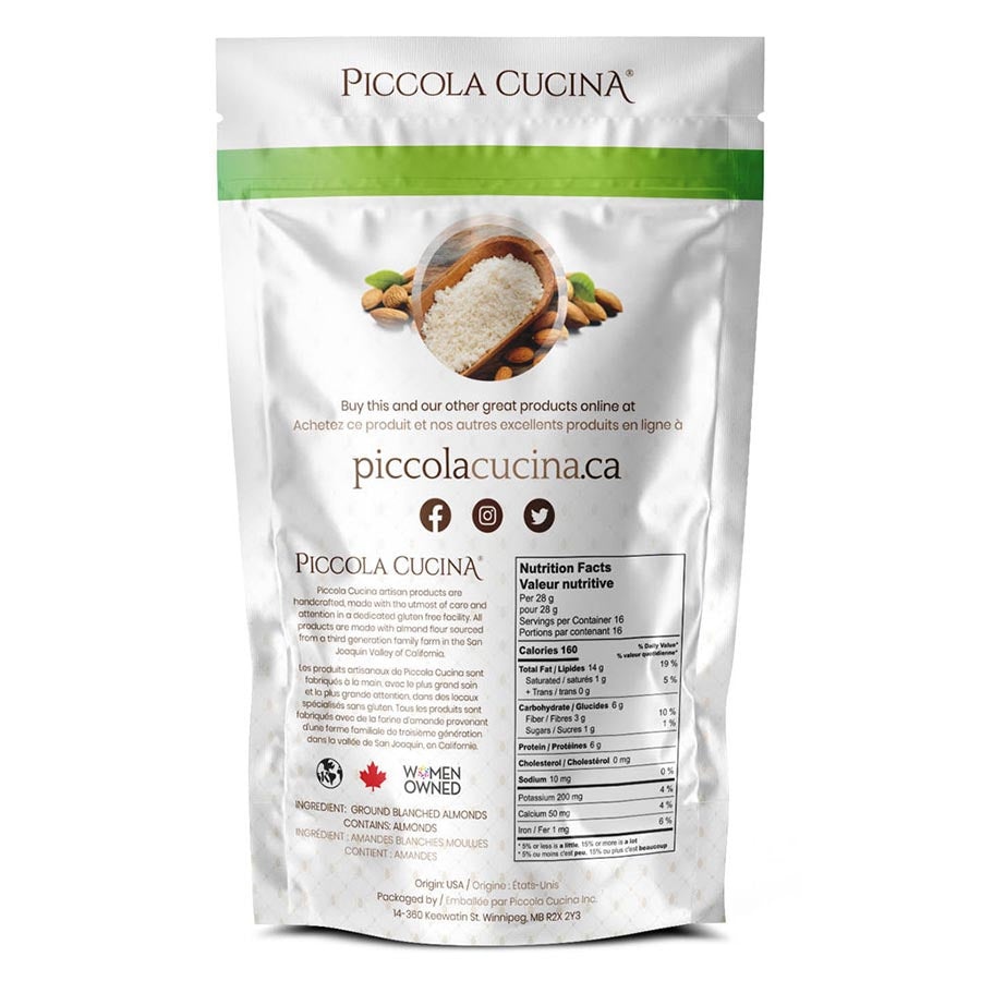 Back of finely milled almond flour in white bag with nutritional information