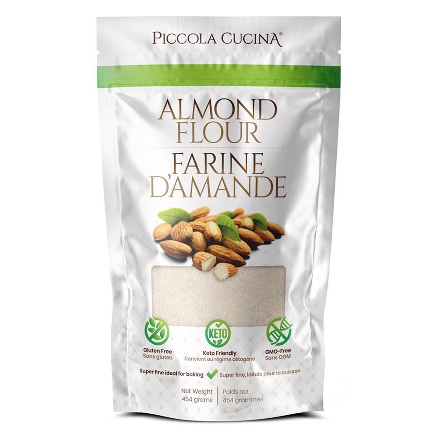 1 pound bag of finely milled Piccola Cucina almond flour in silver bag