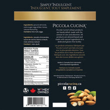 Load image into Gallery viewer, Back of retail bag of amaretti italian macaroon almond cookies showing nutritional information, ingredients, social media icons, kosher, women owned, made in canada with piccola cucina website link
