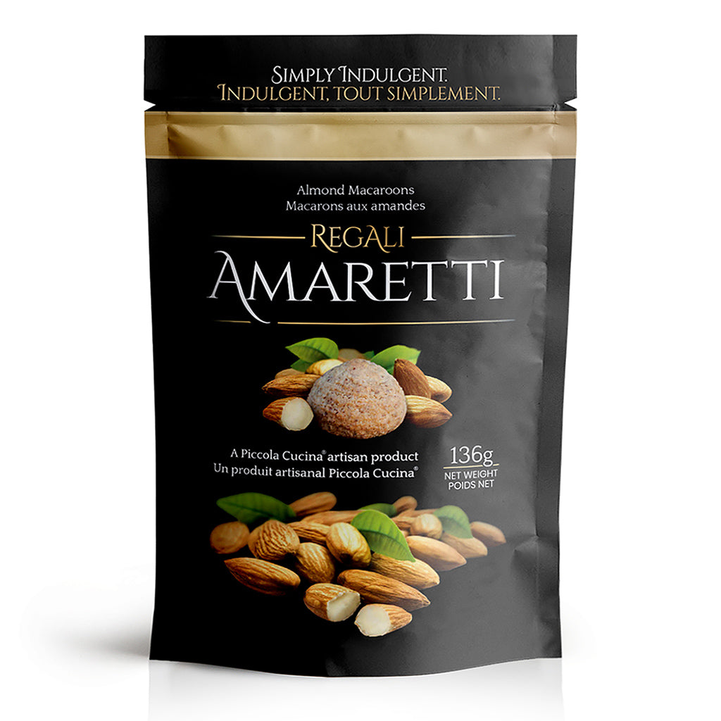 Piccola Cucina retail 136 gram bag of Regali Amaretti flavour italian almond macaroon cookies 