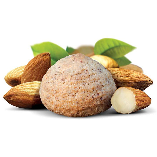 Flavour image of amaretti almond macaroon cookie with whole almonds behind cookie on white background