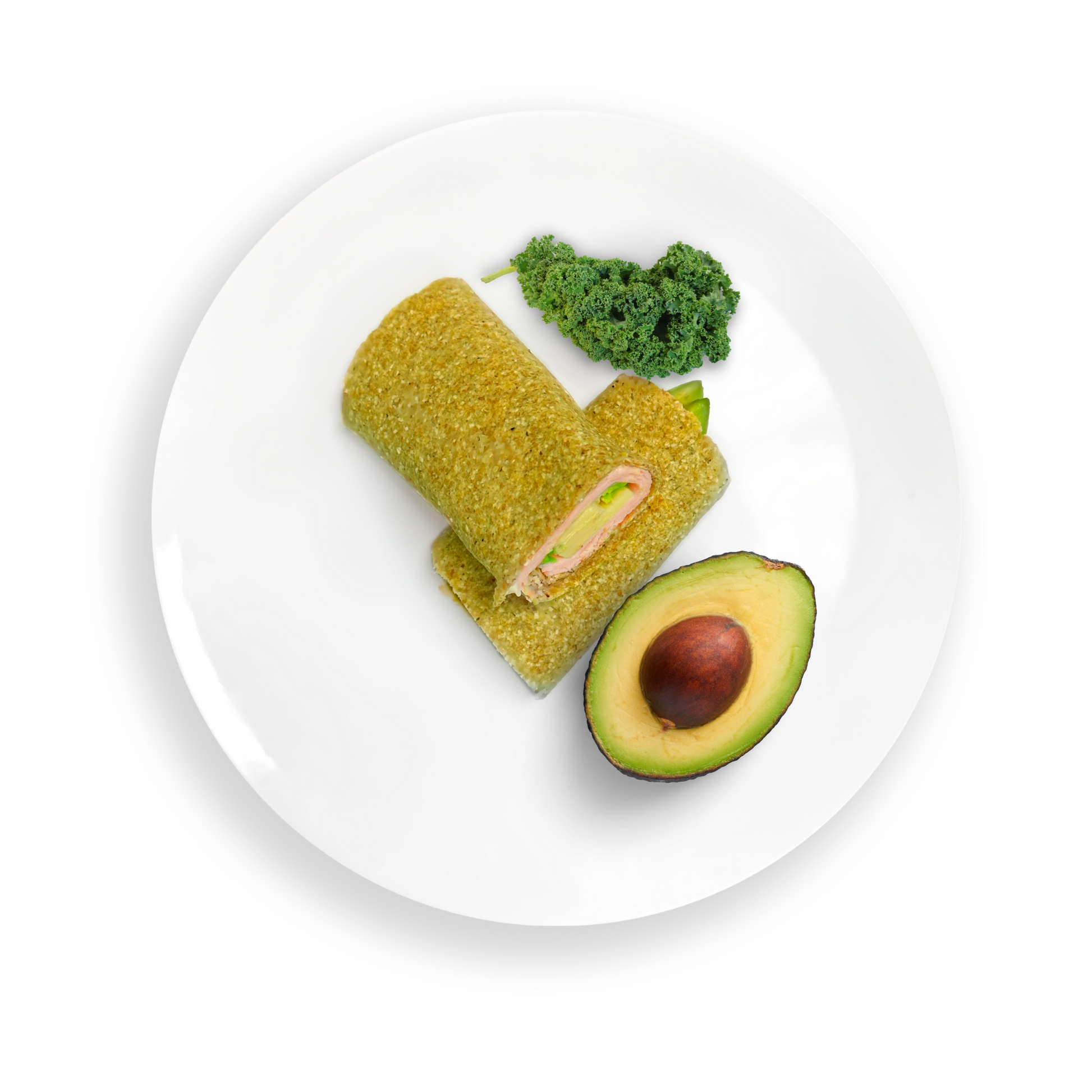Healthy avocado wrap made with Piccola Cucina Peppered Kale Almond Flour Tortilla Wraps