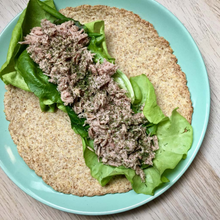 Charger l&#39;image dans la galerie, Gluten Free Keto Vegan Piccola Cucina almond flour wrap filled with tuna, dill, lemon and lettuce
