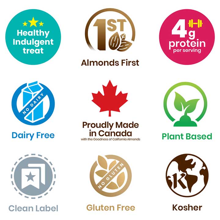 Icons showing benefits of italian almond macaroon amaretti cookies dairy free, gluten free, almonds first, high protein, plant based, kosher, clean label, made in canada