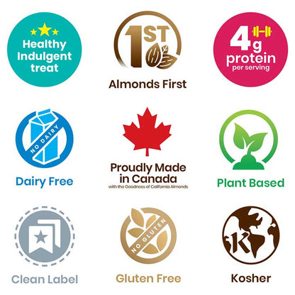 Icons showing benefits of italian almond macaroon amaretti cookies dairy free, gluten free, almonds first, high protein, plant based, kosher, clean label, made in canada