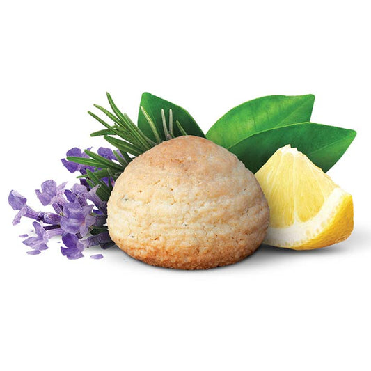 Flavour image of Limonetti almond italian macaroon cookie with lemon slice and lavender sprig behind cookie on white background