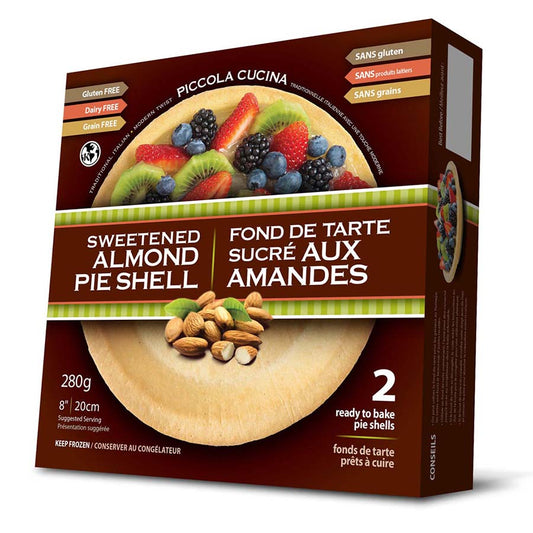 Piccola Cucina's Sweetened Almond Flour Pie Crust Shells that is gluten free, dairy free, kosher that comes with 2 eight inch pie shells