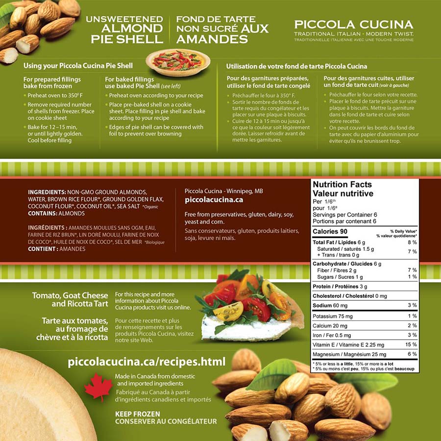 Retail back of green box of two unsweetened almond pie shell crusts showing nutritional information, tips, baking instructions, links to our website for recipes