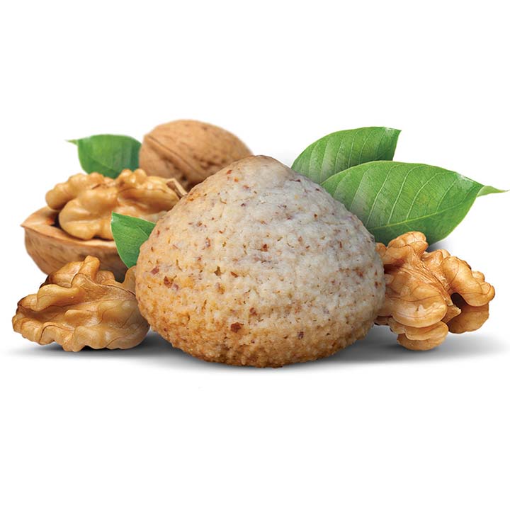 Flavour image of walnutti almond macaroon amaretti cookie with whole shelled and deshelled walnuts behind cookie on white background