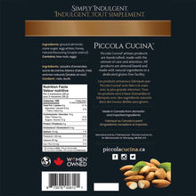 Load image into Gallery viewer, Back of retail bag of Walnutti maple walnut amaretti italian macaroon almond cookies showing nutritional information, ingredients, social media icons, kosher, women owned, made in canada with piccola cucina website link
