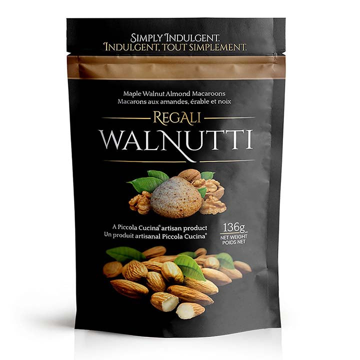 Piccola Cucina retail 136 gram bag of Regali Walnutti maple walnut flavour italian almond macaroon cookies