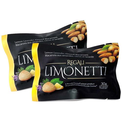 Two gluten free, dairy free limonetti lemon lavender Italian amaretti almond macaroon cookies in black single serving grab and go packaging by Piccola Cucina 