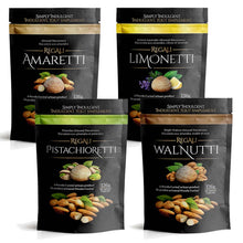 Load image into Gallery viewer, Black retail package of one of each flavour of italian almond amaretti macaroon cookies in our assorted pack containing maple walnut, lemon lavender, almond amaretti, pistachio almond
