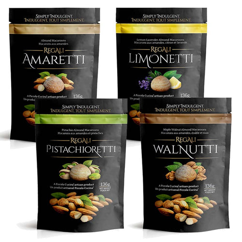 Black retail package of one of each flavour of italian almond amaretti macaroon cookies in our assorted pack containing maple walnut, lemon lavender, almond amaretti, pistachio almond