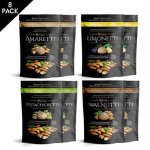 Load image into Gallery viewer, Black retail package of two of each flavour of italian almond amaretti macaroon cookies in our assorted pack containing maple walnut, lemon lavender, almond amaretti, pistachio almond
